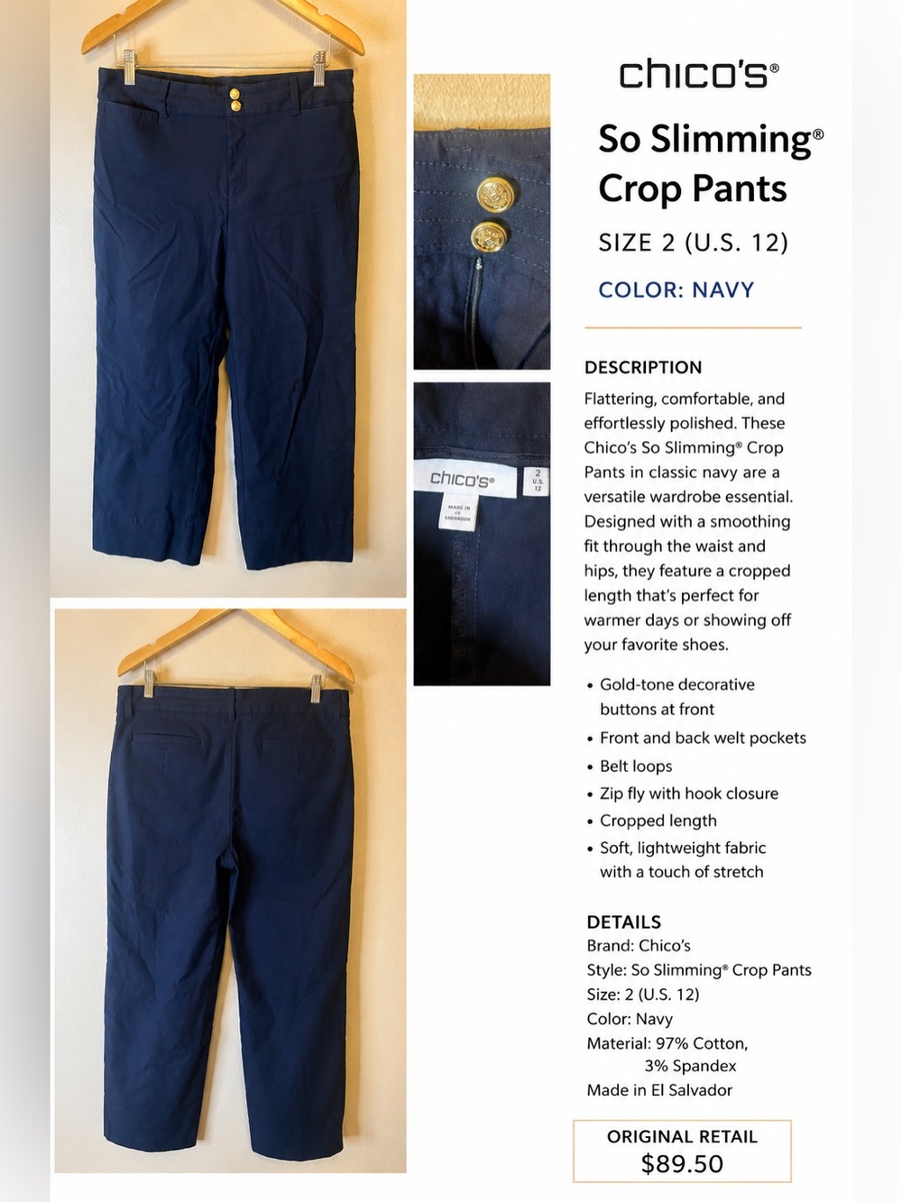 Chico’s Navy So Slimming Crop Pants Gold Buttons Size 2 / US 12